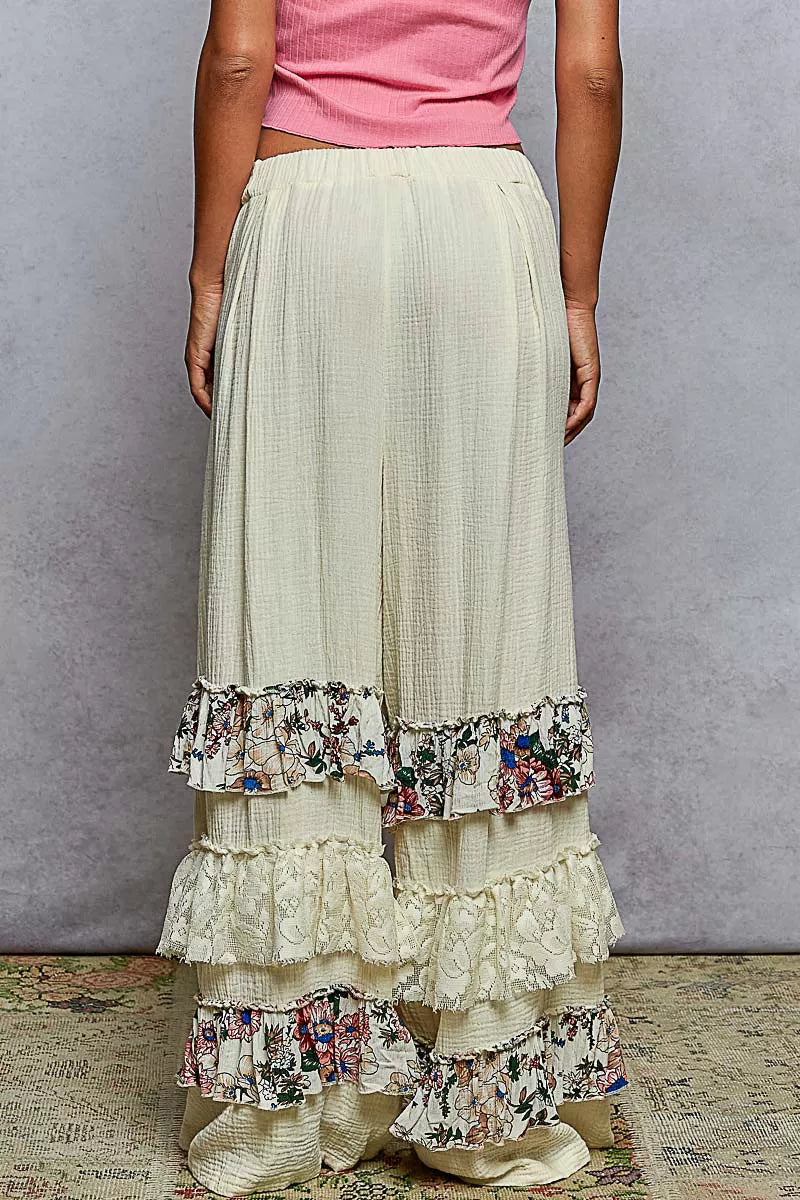 POL Drawstring Double Gauze Wide Leg Pants with Print and Lace Ruffle free shipping -Oh Em Gee Boutique