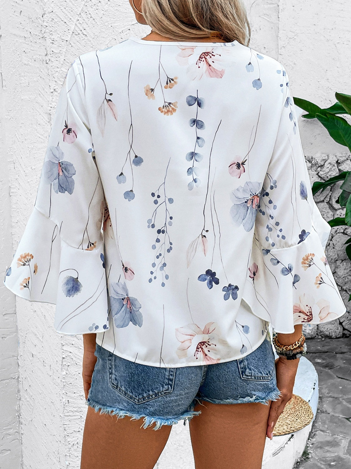 Ruffled Printed V-Neck Half Sleeve Blouse free shipping -Oh Em Gee Boutique