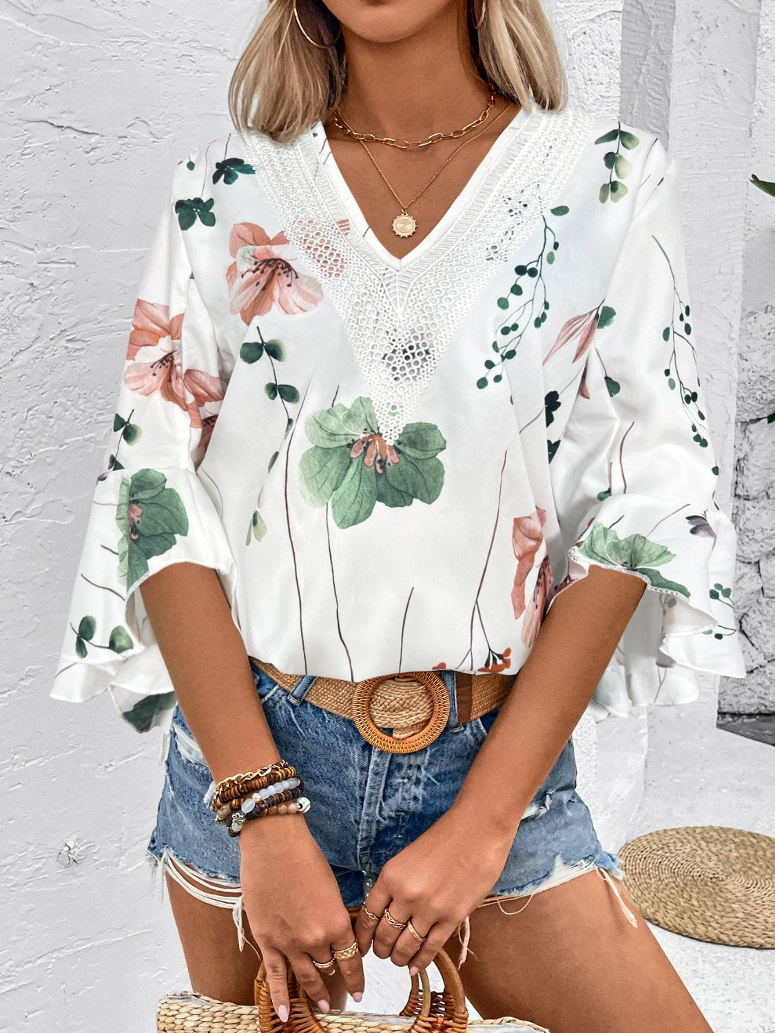 Ruffled Printed V-Neck Half Sleeve Blouse free shipping -Oh Em Gee Boutique