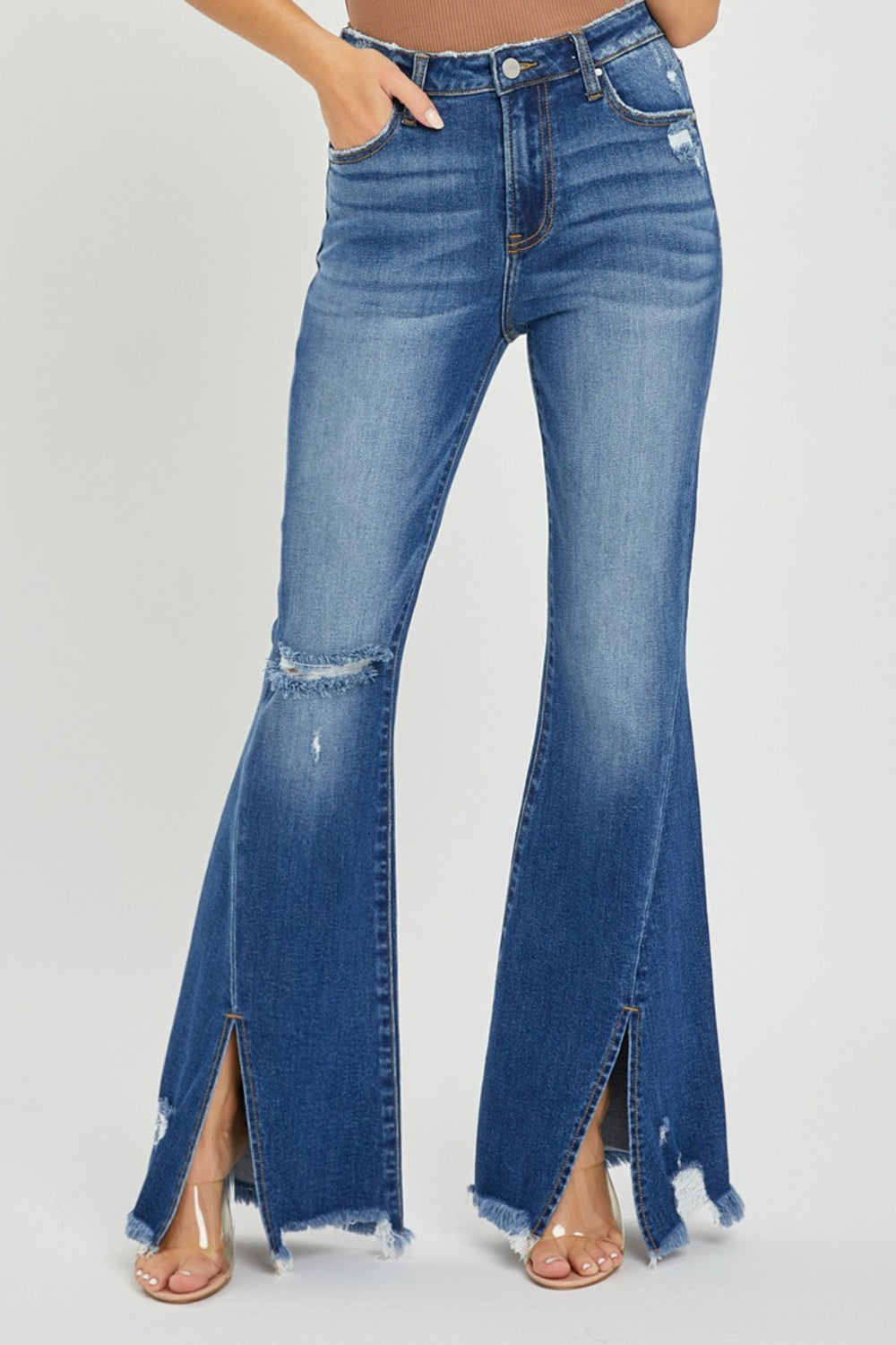 RISEN Full Size High Rise Front Slit Frayed Hem Flare Jeans free shipping -Oh Em Gee Boutique