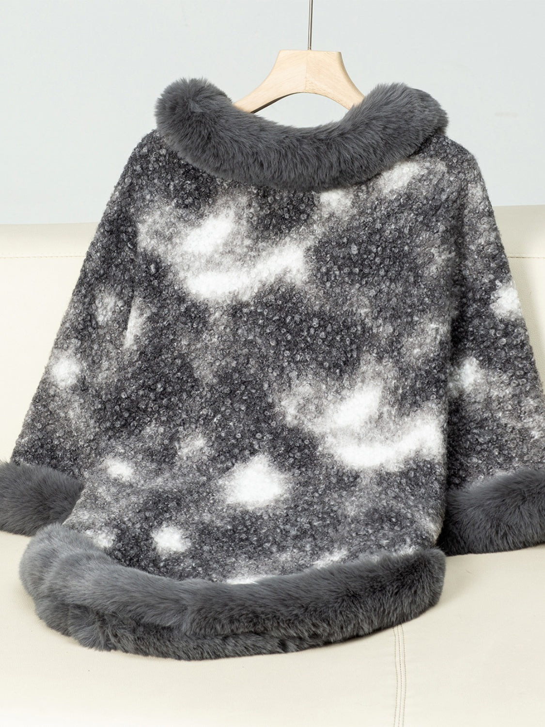 Furry Contrast Three-Quarter Poncho free shipping -Oh Em Gee Boutique