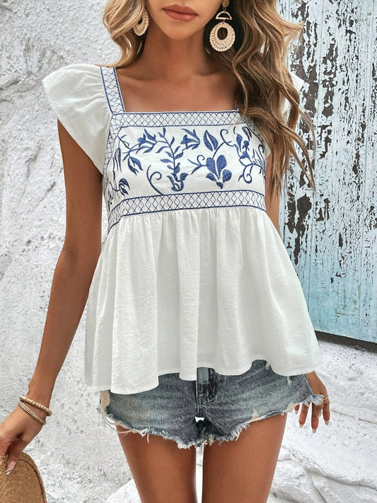 Embroidered Square Neck Cap Sleeve Blouse free shipping -Oh Em Gee Boutique