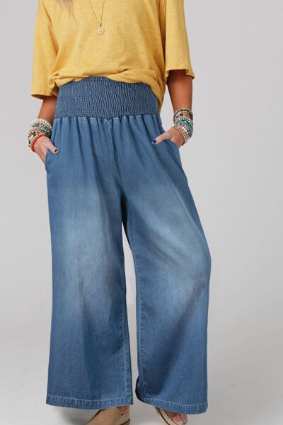 Smocked Wide Leg Jeans free shipping -Oh Em Gee Boutique