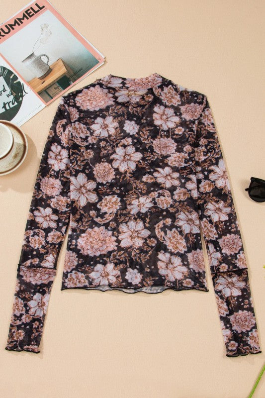 Floral Mesh Mock Neck Long Sleeve Top free shipping -Oh Em Gee Boutique