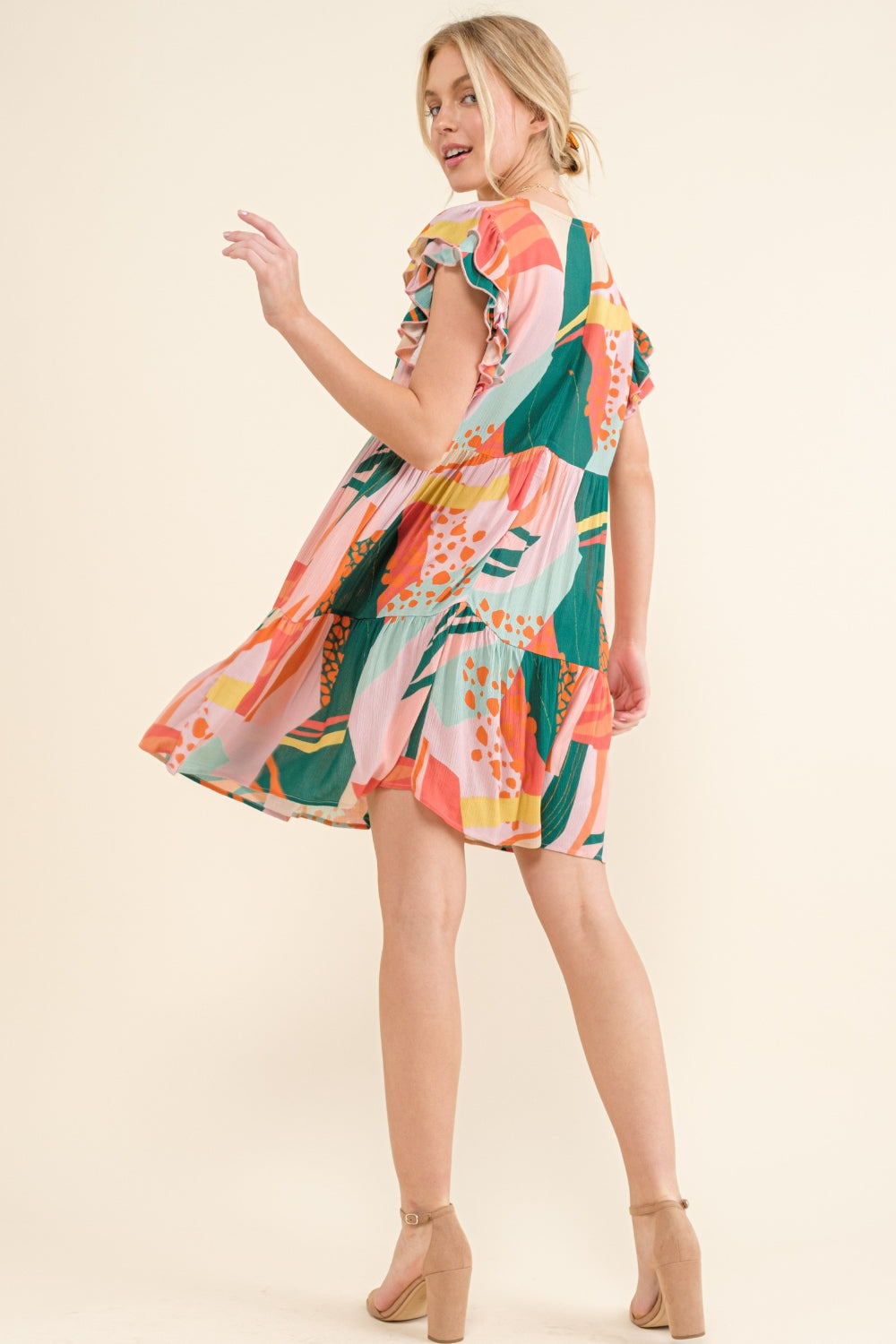 And The Why Printed Double Ruffle Sleeve Dress free shipping -Oh Em Gee Boutique