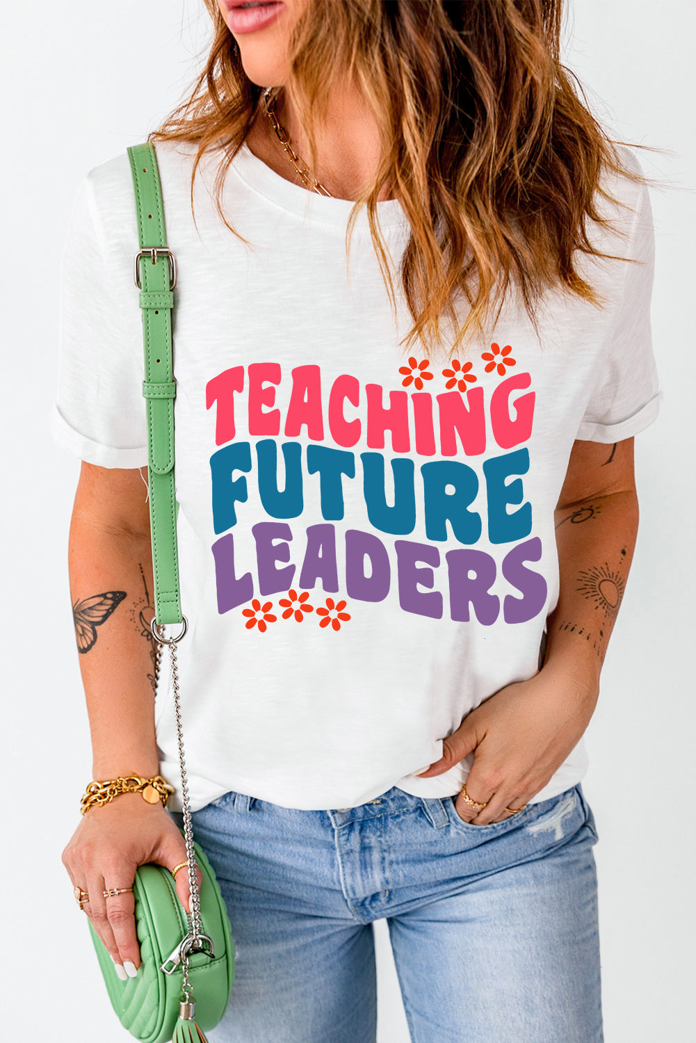 Letter Graphic Round Neck Short Sleeve T-Shirt, Teacher Vibes free shipping -Oh Em Gee Boutique