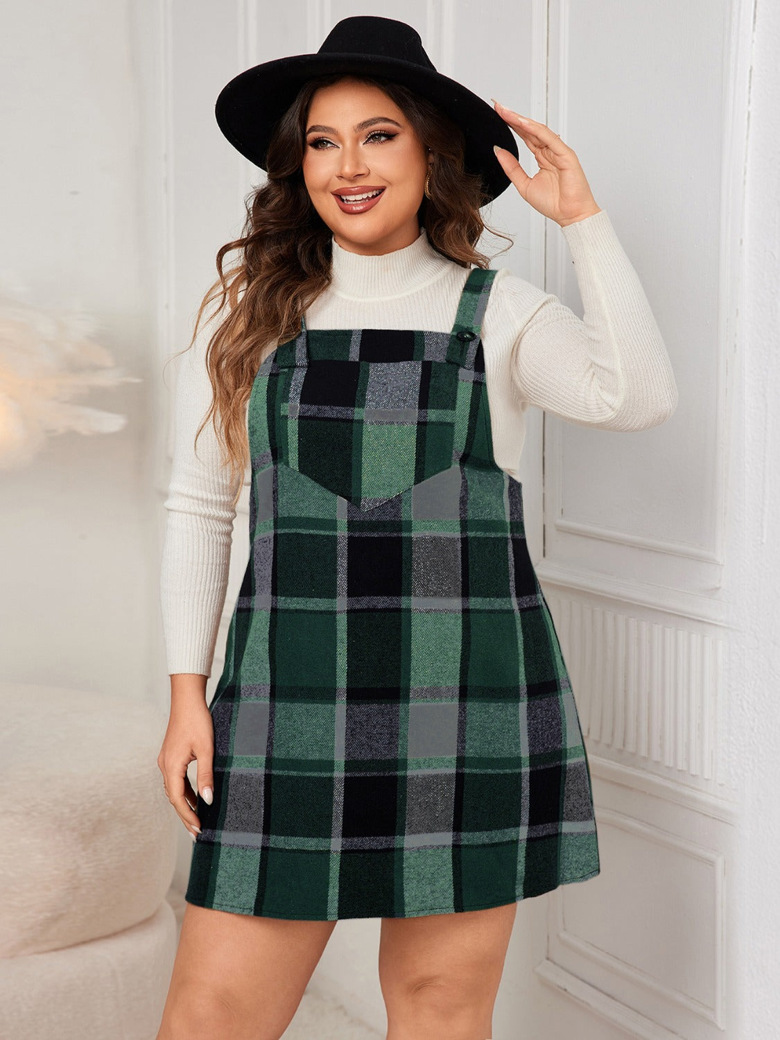 Plus Size Plaid Wide Strap Overall Dress free shipping -Oh Em Gee Boutique