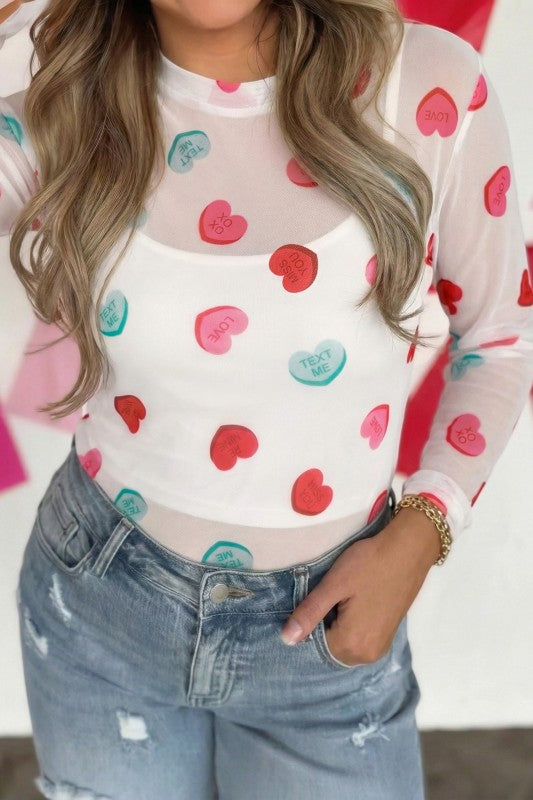 Valentine Slogan Heart Mesh Long Sleeve Top free shipping -Oh Em Gee Boutique