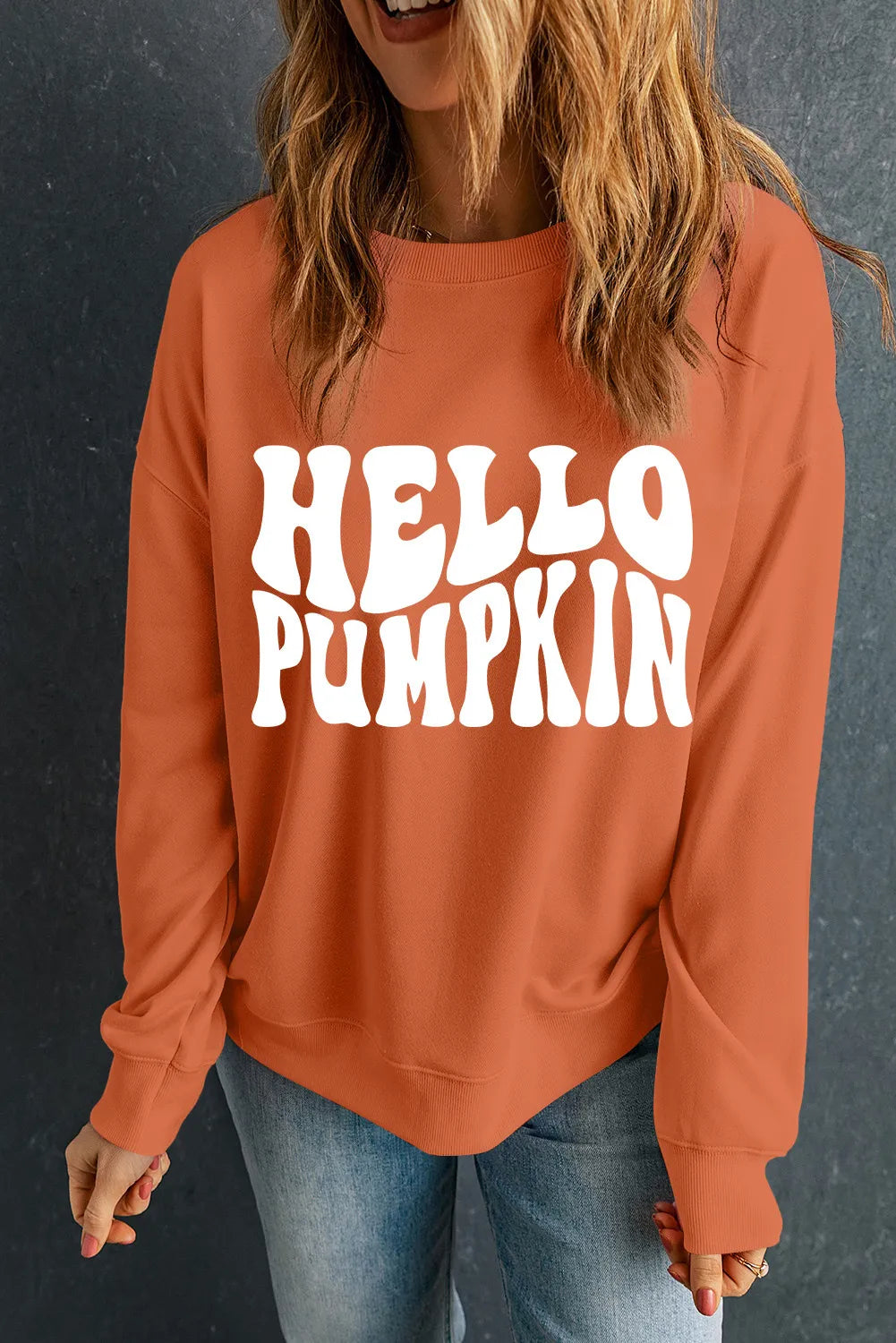 Letter Graphic Round Neck Long Sleeve Sweatshirt, Hello Pumpkin free shipping -Oh Em Gee Boutique