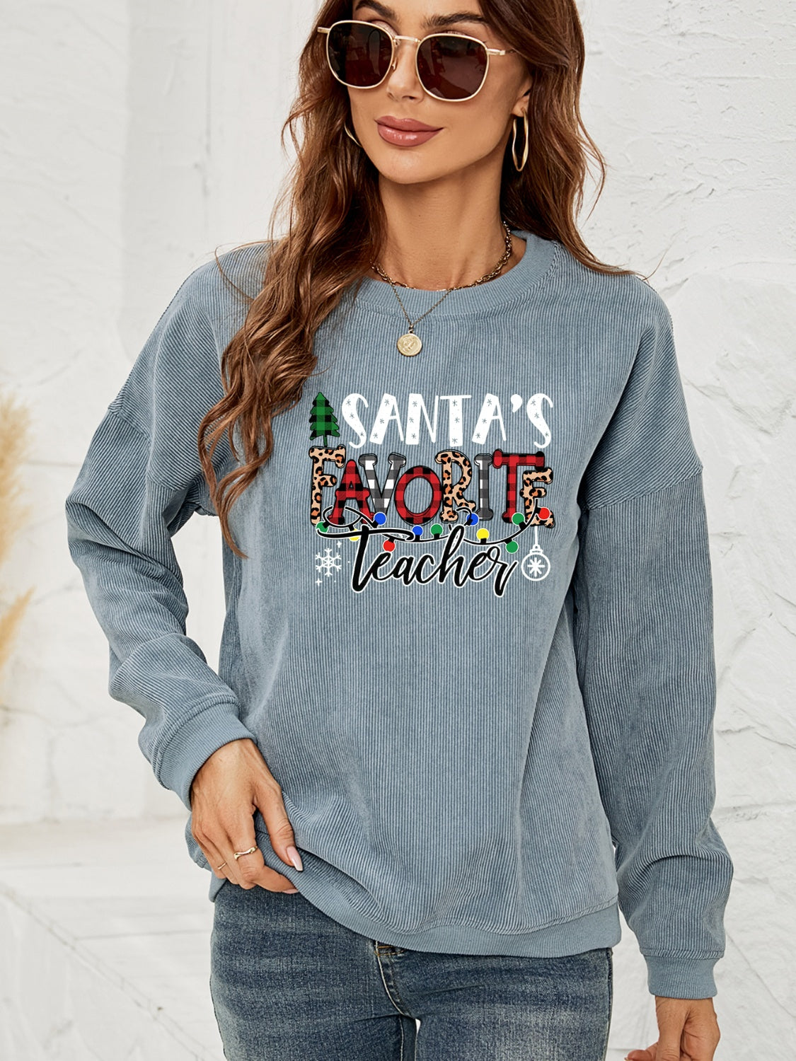 SANTA'S FAVORITE TEACHER Graphic Sweatshirt free shipping -Oh Em Gee Boutique