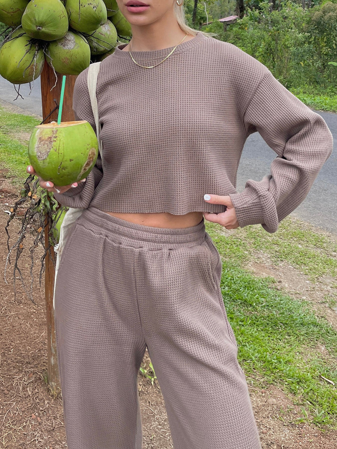 Waffle-Knit Round Neck Top and Pants Set free shipping -Oh Em Gee Boutique