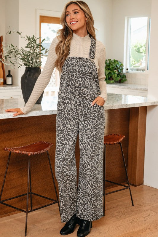 Leopard Denim Straight Leg Overall Jumpsuit free shipping -Oh Em Gee Boutique