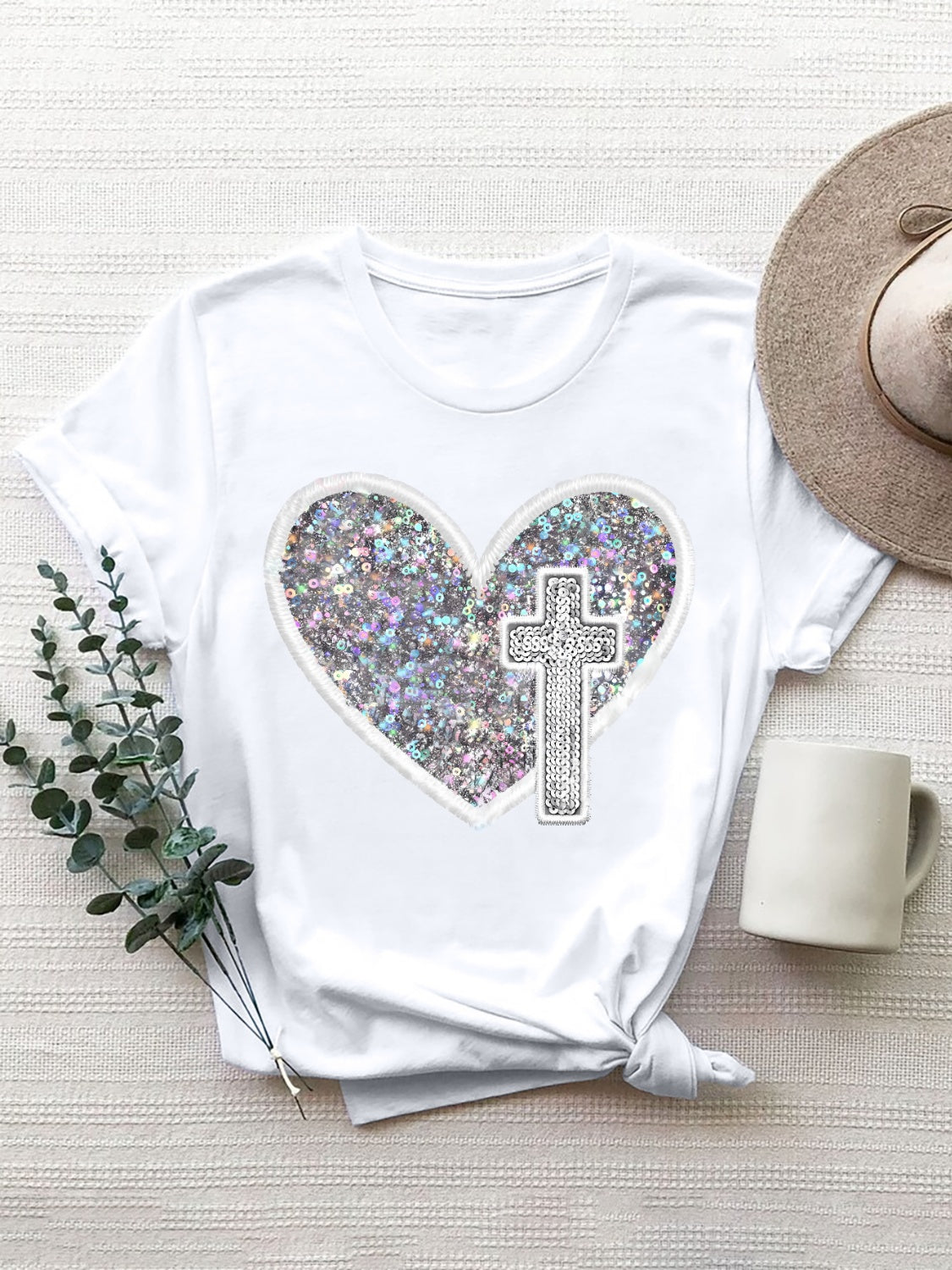 Graphic Heart Round Neck Short Sleeve T-Shirt with Cross Design free shipping -Oh Em Gee Boutique