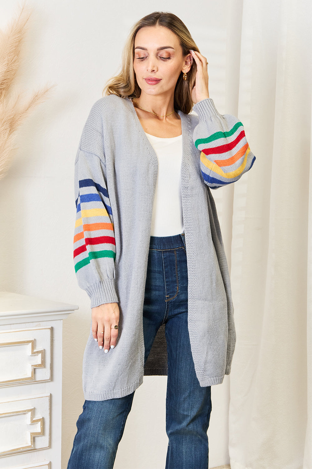 Multicolored Stripe Open Front Longline Cardigan free shipping -Oh Em Gee Boutique