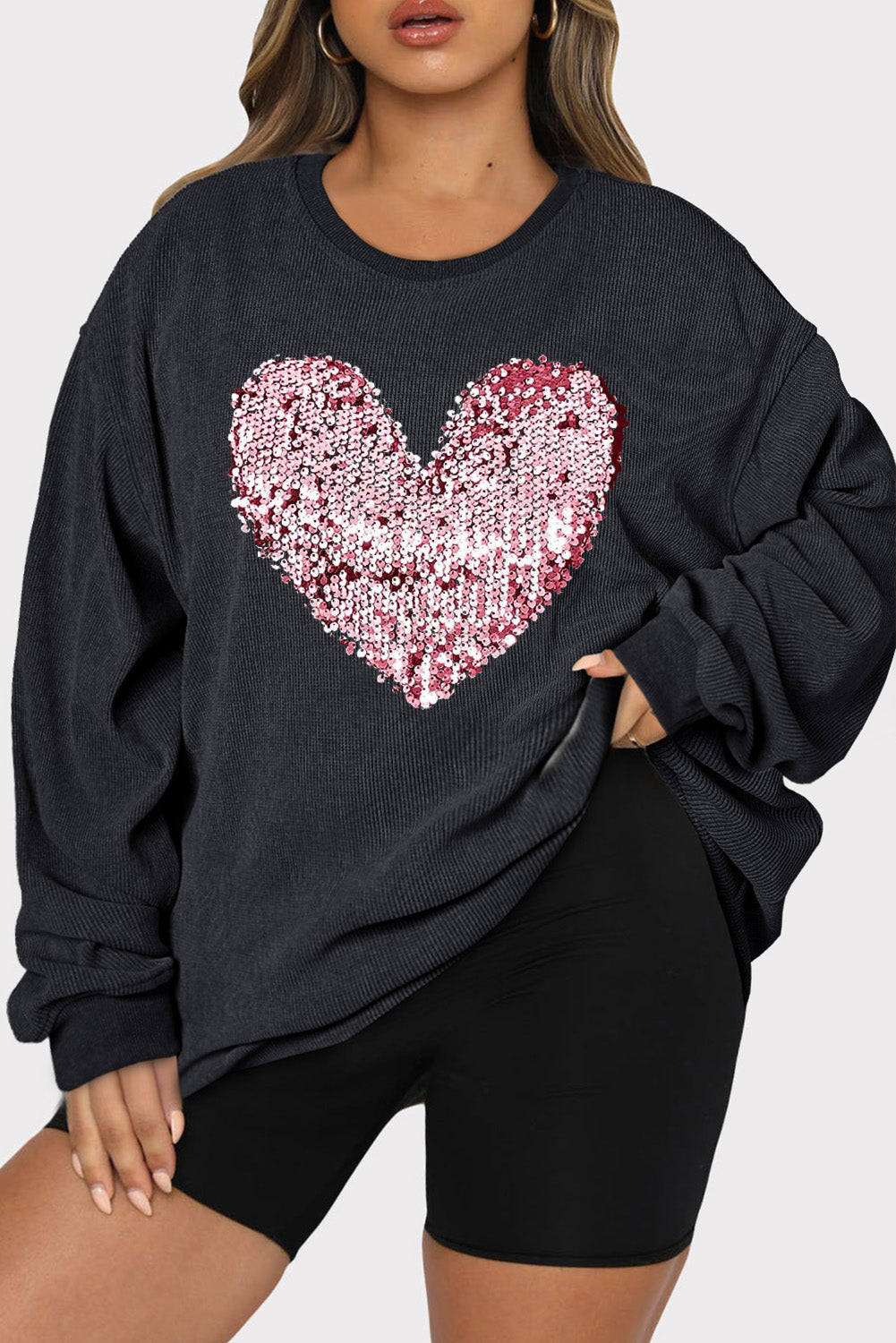 Plus Size Heart Sequin Round Neck Sweatshirt free shipping -Oh Em Gee Boutique