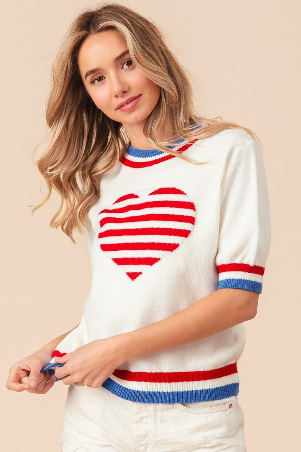 BiBi US Flag Theme Striped Heart Sweater free shipping -Oh Em Gee Boutique