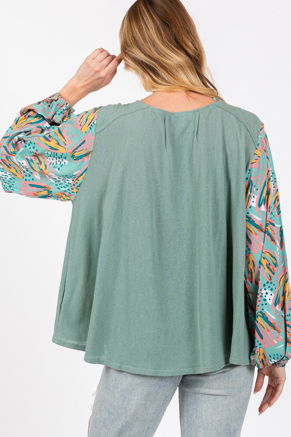 SAGE + FIG Ruched Round Neck Printed Bubble Sleeve Top free shipping -Oh Em Gee Boutique