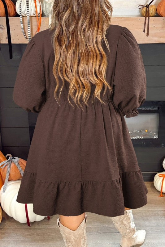 Plus Size Frilled Trim V-Neck Puff Sleeve Textured Dress free shipping -Oh Em Gee Boutique