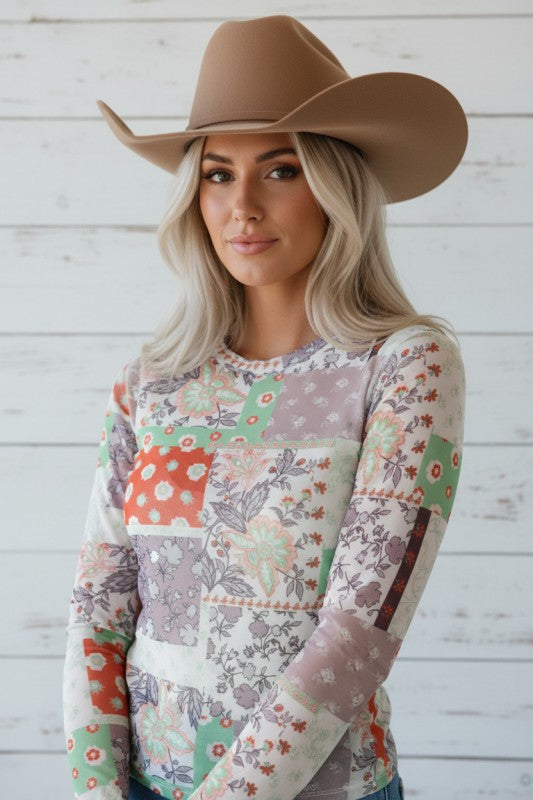 Floral Patchwork Mesh Mock Neck Long Sleeve Top free shipping -Oh Em Gee Boutique