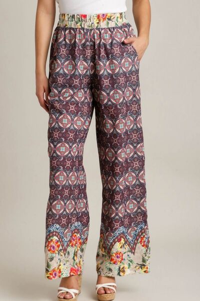 Umgee Full Size Mixed Print Elastic Waistband Pants free shipping -Oh Em Gee Boutique