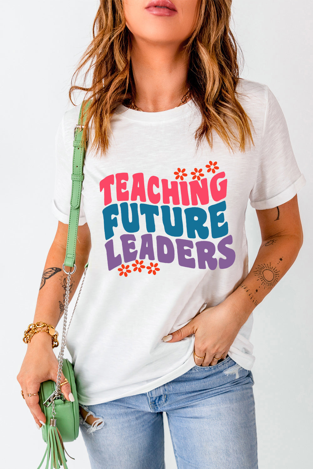 Letter Graphic Round Neck Short Sleeve T-Shirt, Teacher Vibes free shipping -Oh Em Gee Boutique