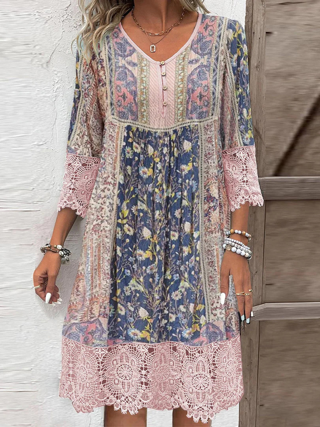 Full Size Lace Detail Printed Three-Quarter Sleeve Dress free shipping -Oh Em Gee Boutique