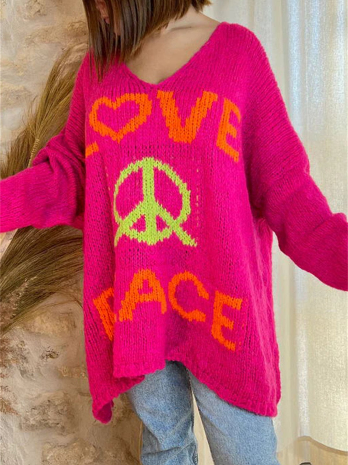 Peace Graphic V-Neck Long Sleeve Sweater free shipping -Oh Em Gee Boutique