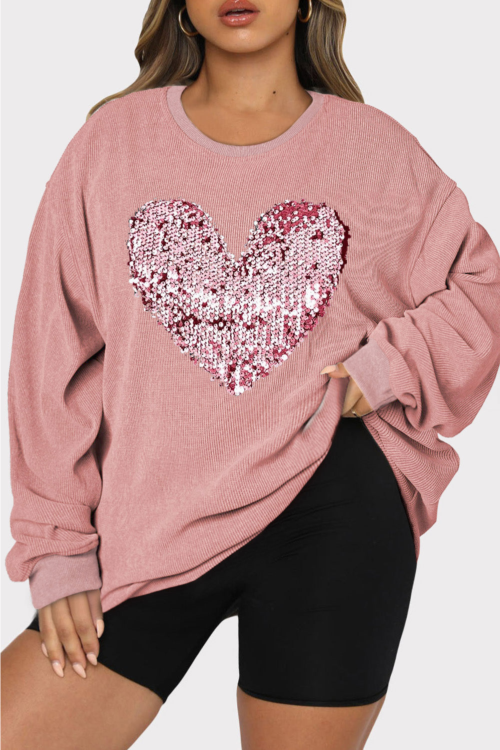 Plus Size Heart Sequin Round Neck Sweatshirt free shipping -Oh Em Gee Boutique