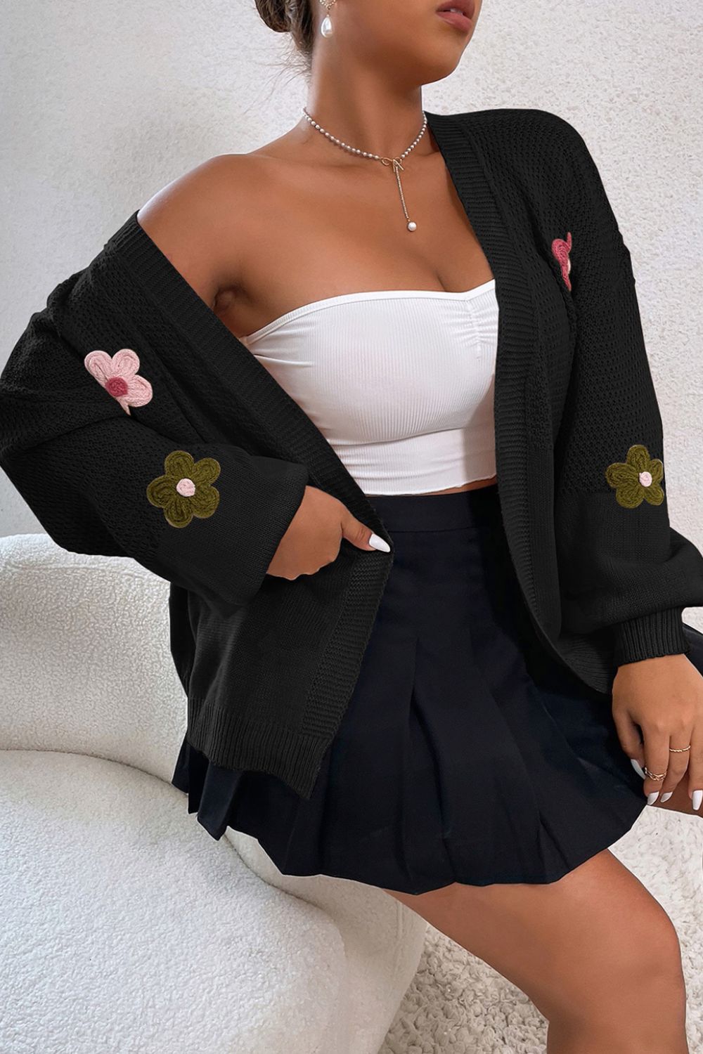 Floral Applique Drop Shoulder Open Front Cardigan free shipping -Oh Em Gee Boutique