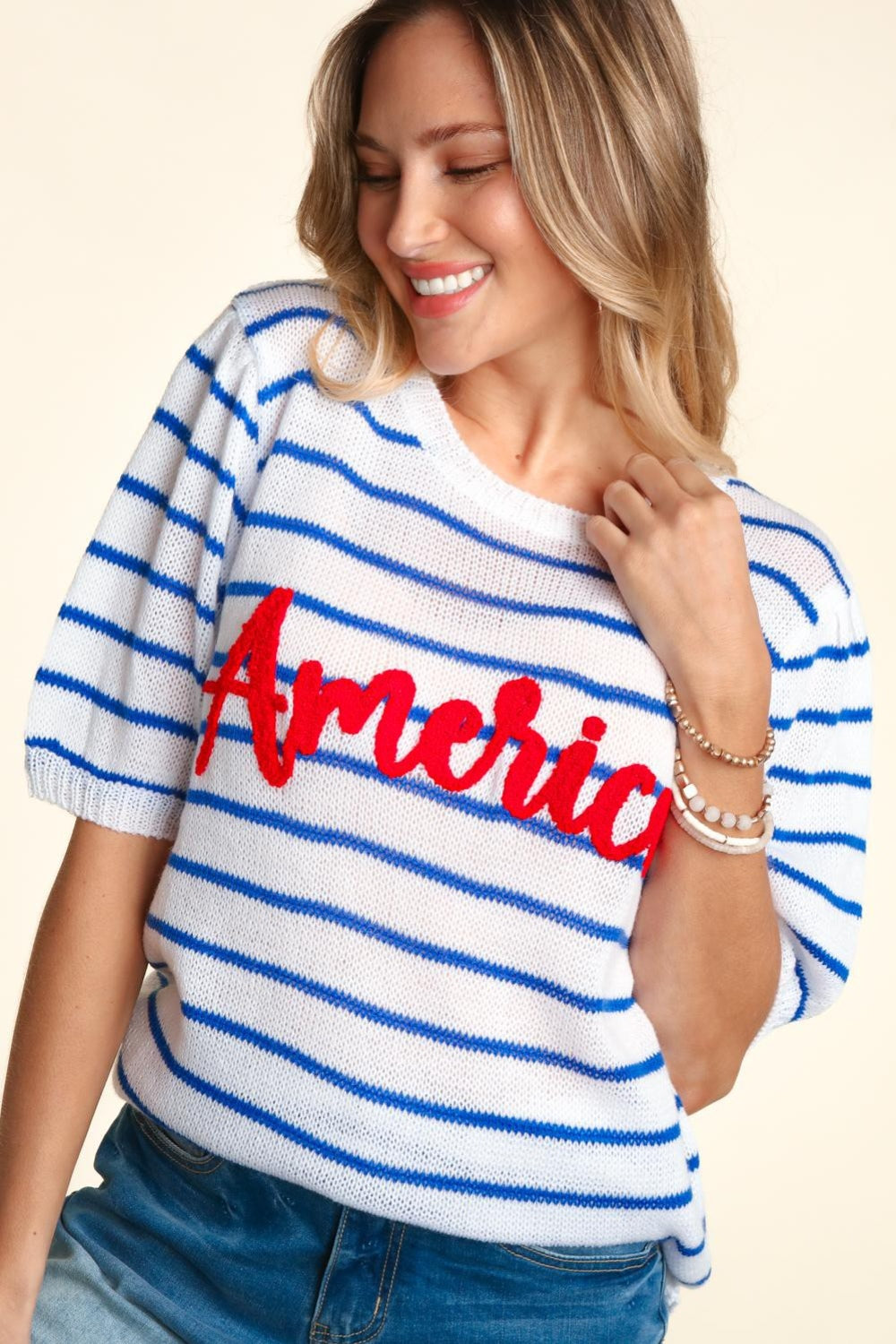 Haptics Letter Embroidery Striped Knit Top free shipping -Oh Em Gee Boutique