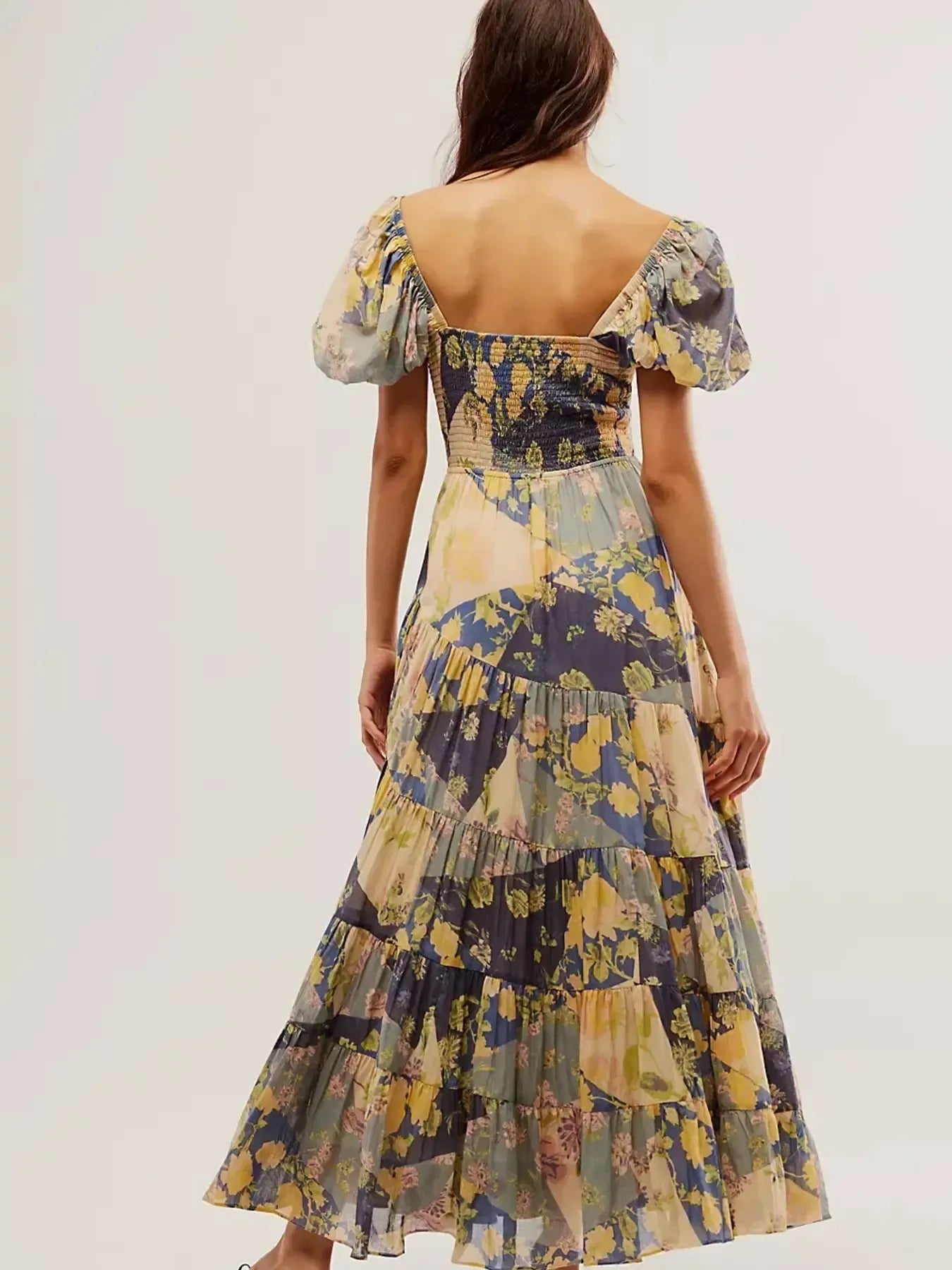Printed Sweetheart Neck Puff Sleeve Maxi Dress free shipping -Oh Em Gee Boutique