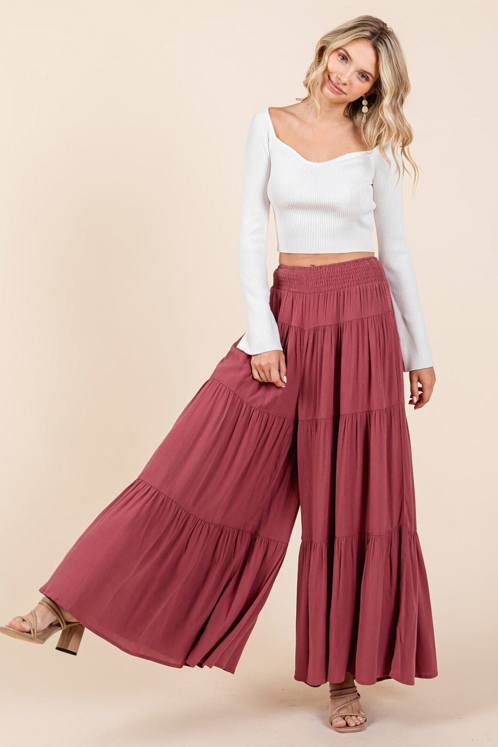 Mittoshop Tier Detail Smocked Elastic Waist Wide Leg Pants free shipping -Oh Em Gee Boutique