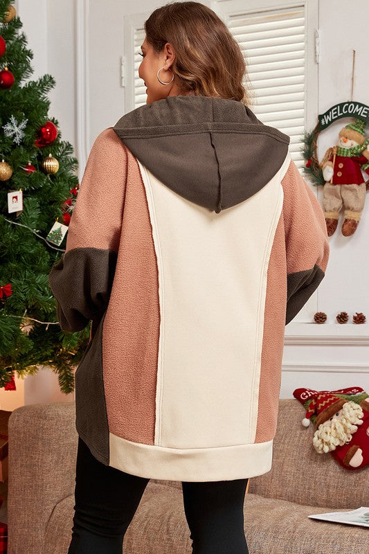 Brown Exposed Seam Colorblock Plus Size Hoodie free shipping -Oh Em Gee Boutique
