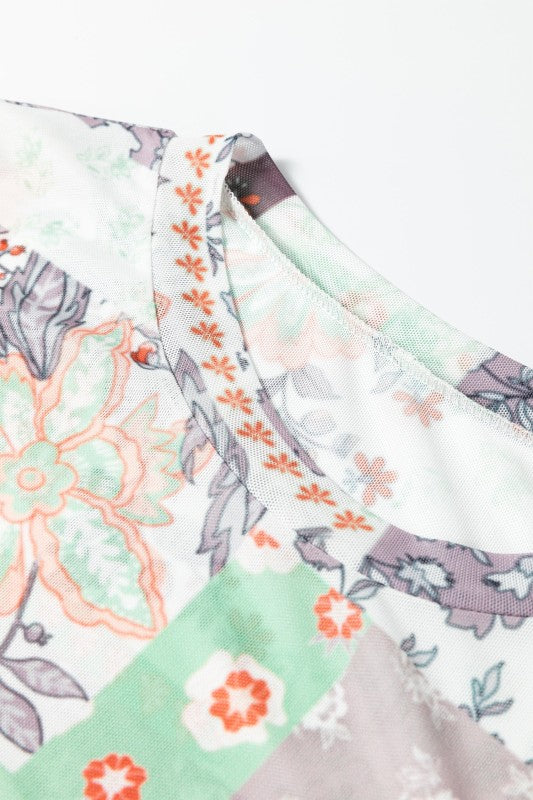 Floral Patchwork Mesh Mock Neck Long Sleeve Top free shipping -Oh Em Gee Boutique