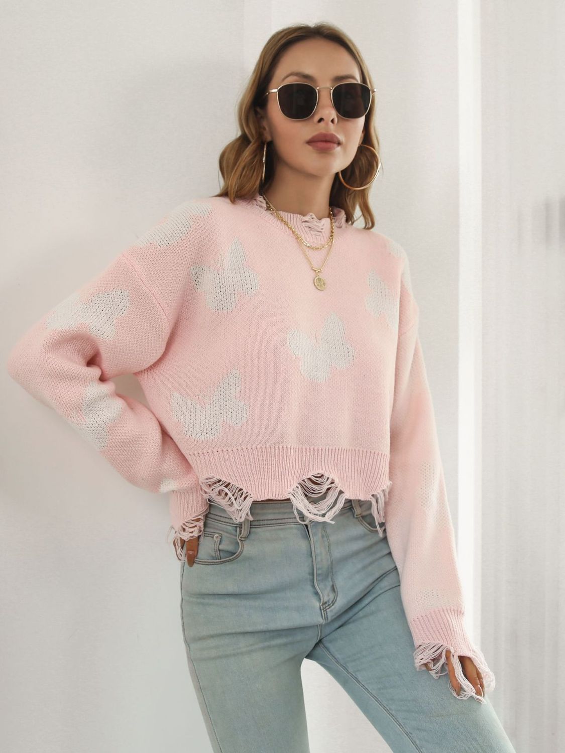 Distressed Butterfly Cropped Sweater free shipping -Oh Em Gee Boutique