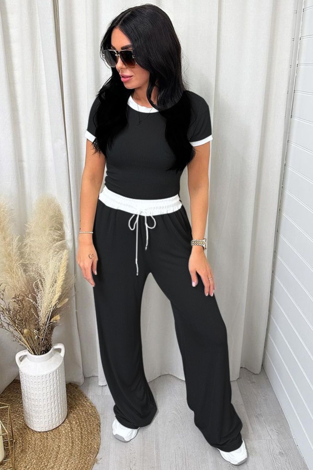 Contrast Trim Round Neck Top and Pants Set free shipping -Oh Em Gee Boutique