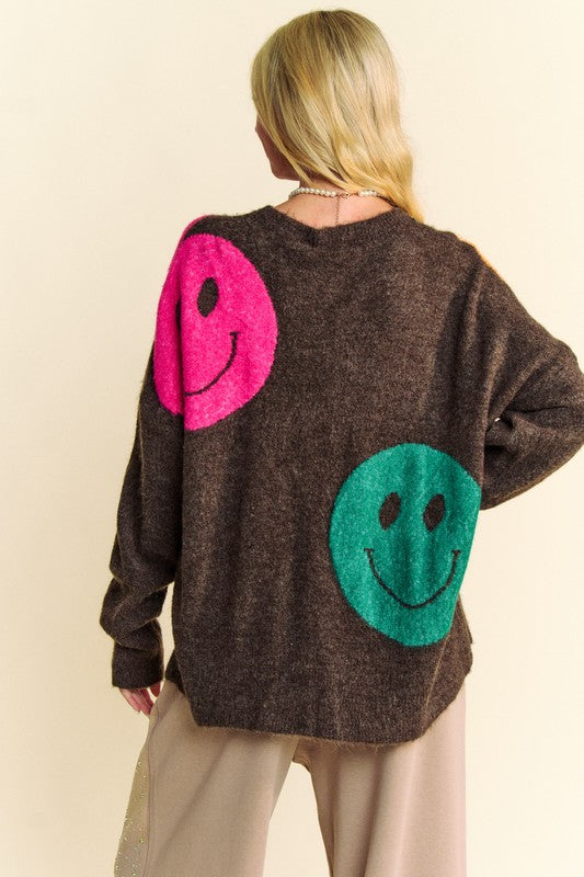 Davi & Dani Contrast Smile Round Neck Oversize Sweater free shipping -Oh Em Gee Boutique