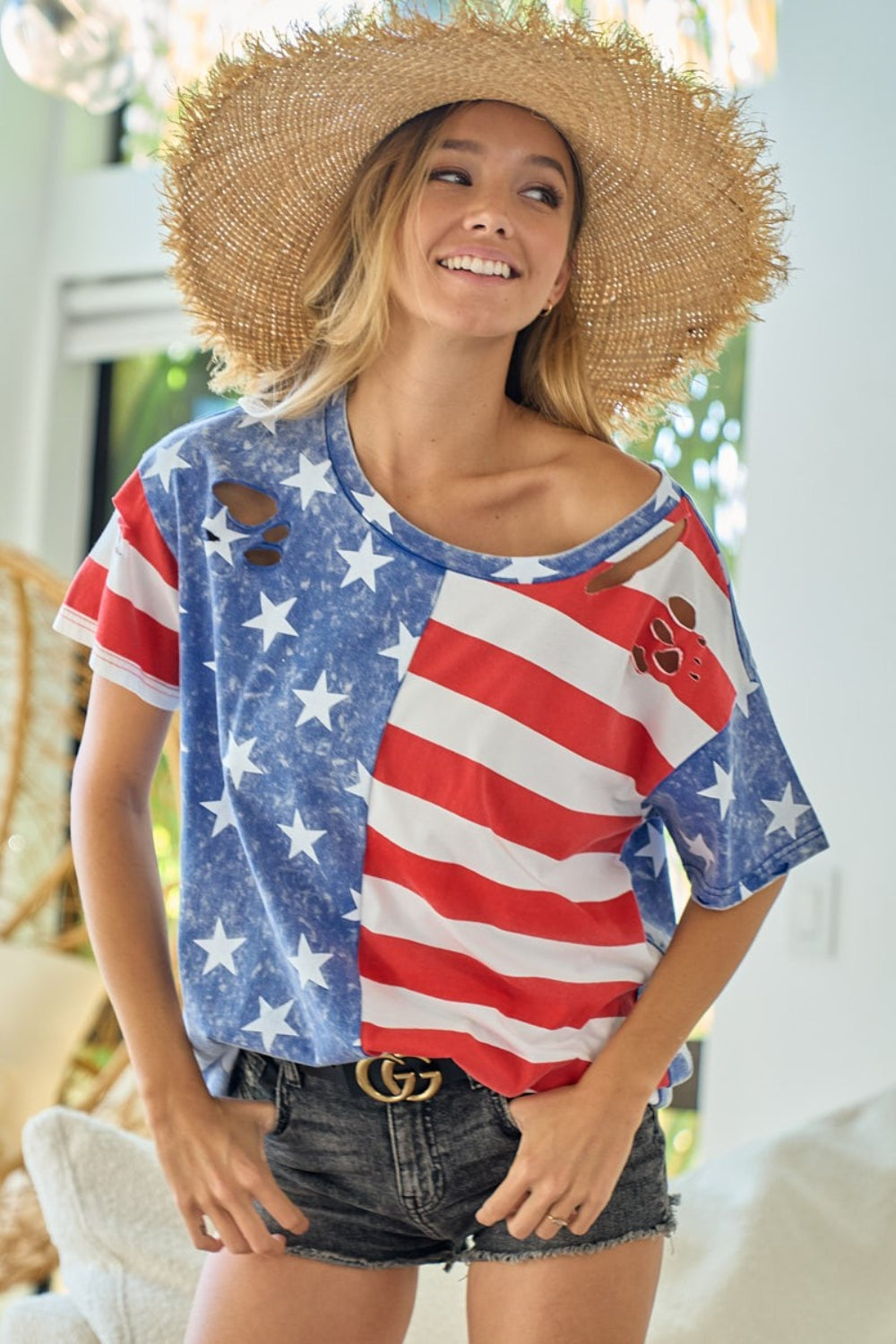 BiBi American Flag Theme Short Sleeve T-Shirt free shipping -Oh Em Gee Boutique