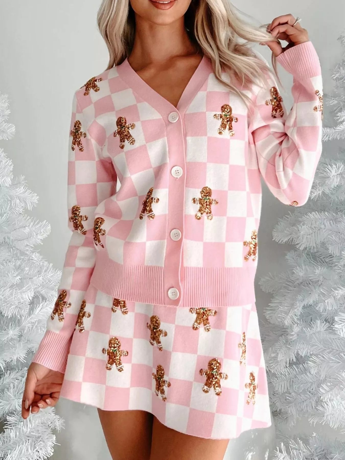 Gingerbread Checkered Cardigan and Skirt Sweater Set free shipping -Oh Em Gee Boutique