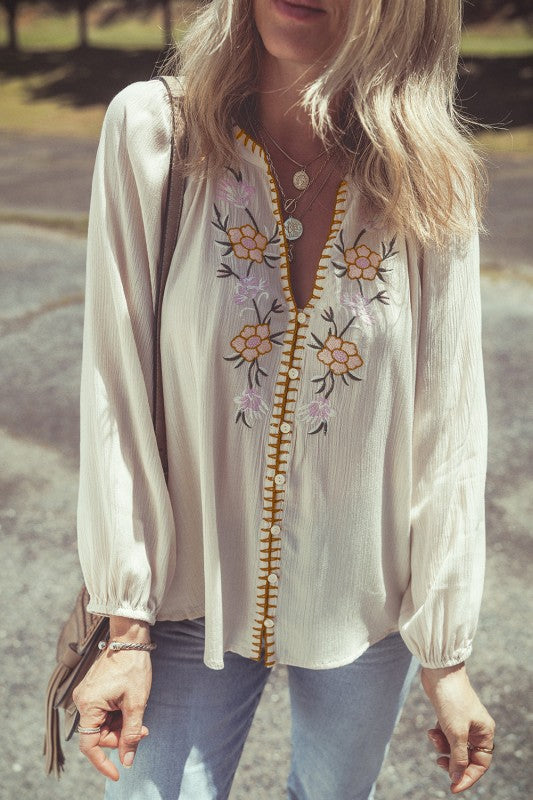 Floral Embroidered Textured Puff Sleeve Shirt free shipping -Oh Em Gee Boutique