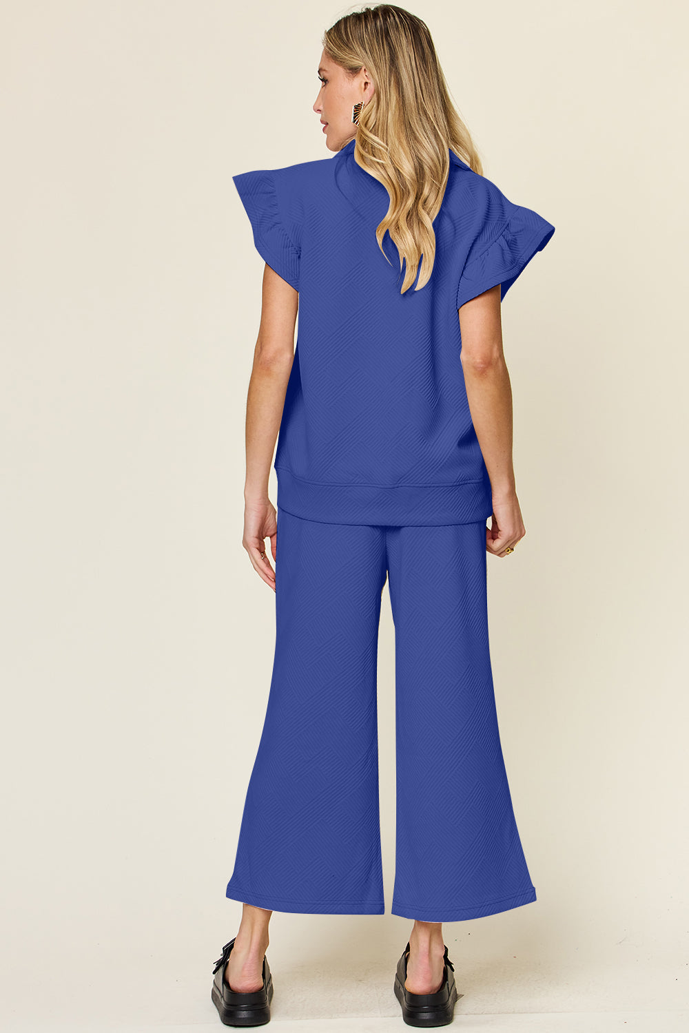 Double Take Texture Ruffle Short Sleeve Top and Drawstring Wide Leg Pants Set free shipping -Oh Em Gee Boutique