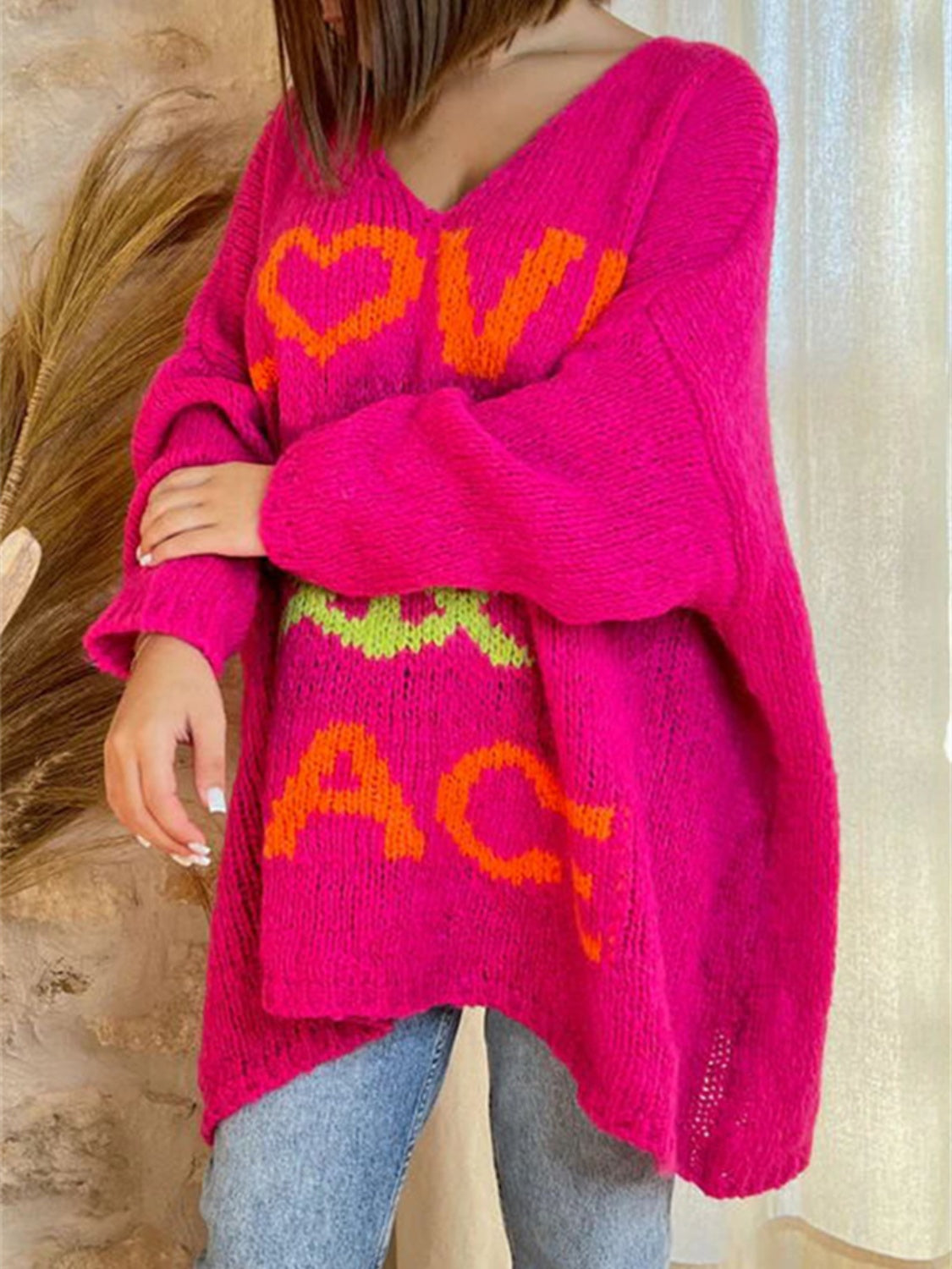 Peace Graphic V-Neck Long Sleeve Sweater free shipping -Oh Em Gee Boutique