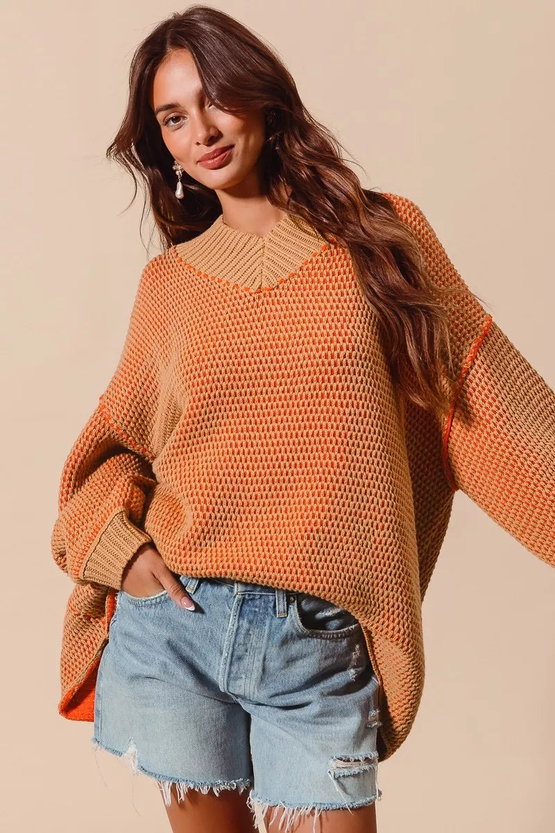 SO ME Oversized Two Tone Textured V Neck Sweater free shipping -Oh Em Gee Boutique