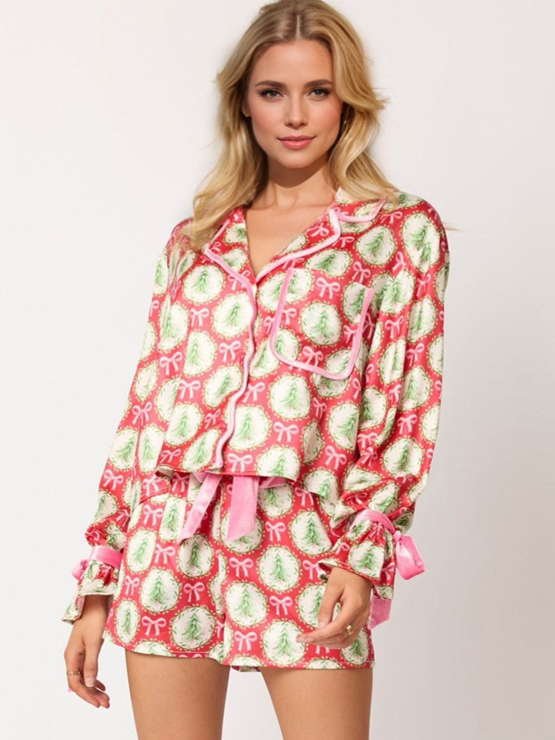 Tied Printed Collared Neck Long Sleeve Top and Shorts Set free shipping -Oh Em Gee Boutique