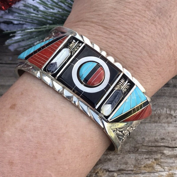 Don Dewa Zuni Sterling Silver Multi-stone SunFace Cuff Bracelet free shipping -Oh Em Gee Boutique