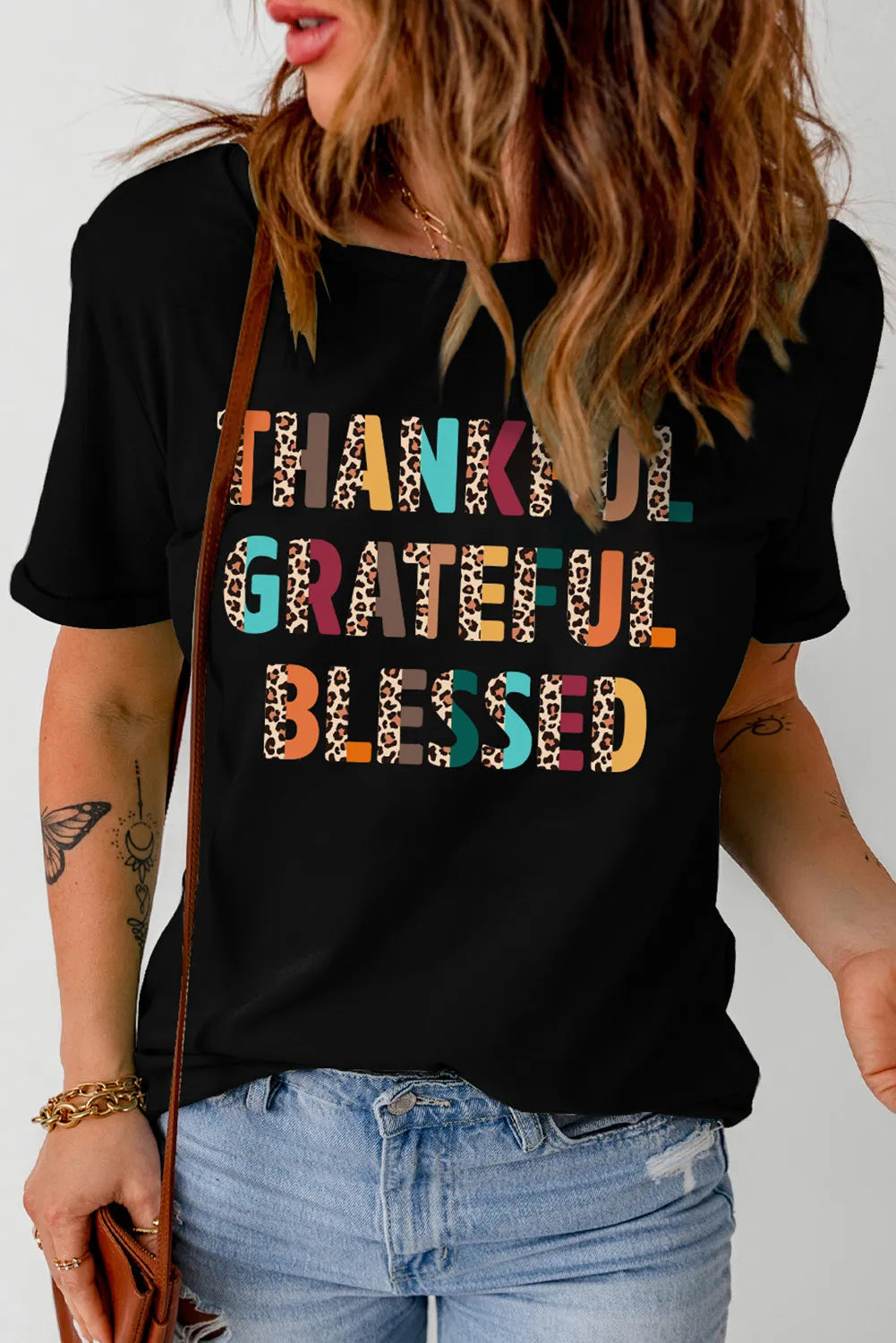 Thankful Letter Graphic Round Neck Short Sleeve T-Shirt free shipping -Oh Em Gee Boutique