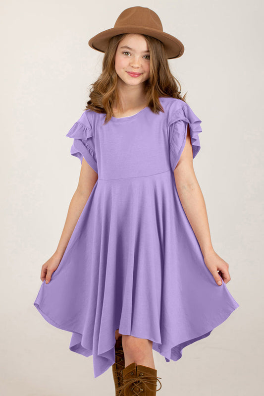 Girl's Round Neck Petal Sleeve Dress free shipping -Oh Em Gee Boutique