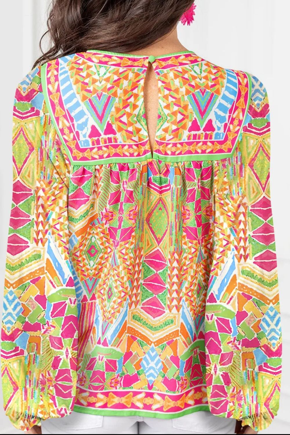 Geometric Printed Round Neck Long Sleeve Blouse free shipping -Oh Em Gee Boutique