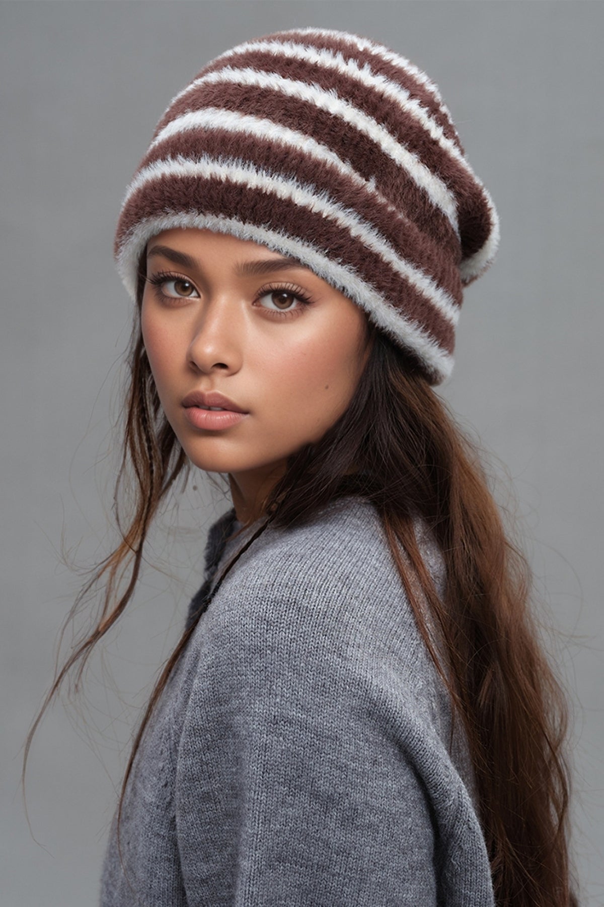 Fuzzy Contrast Striped Thermal Hat free shipping -Oh Em Gee Boutique