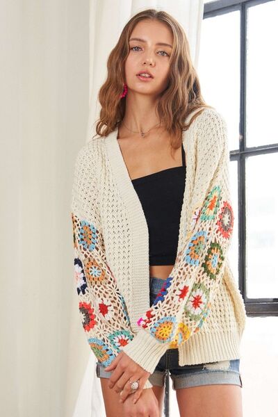 ADORA Full Size Contrast Crochet Open Front Long Sleeve Cardigan free shipping -Oh Em Gee Boutique